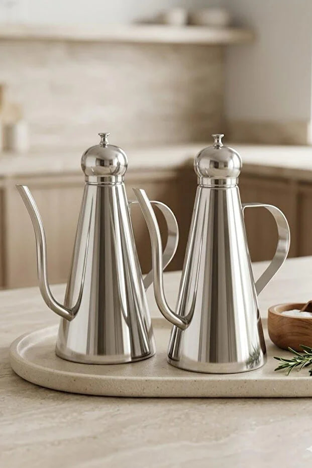 Kitchen Life 2-Piece Stainless Steel Glass Carafe Oil Dispenser Vinegar Jug-Flask Presentation Bottle 1000 ml